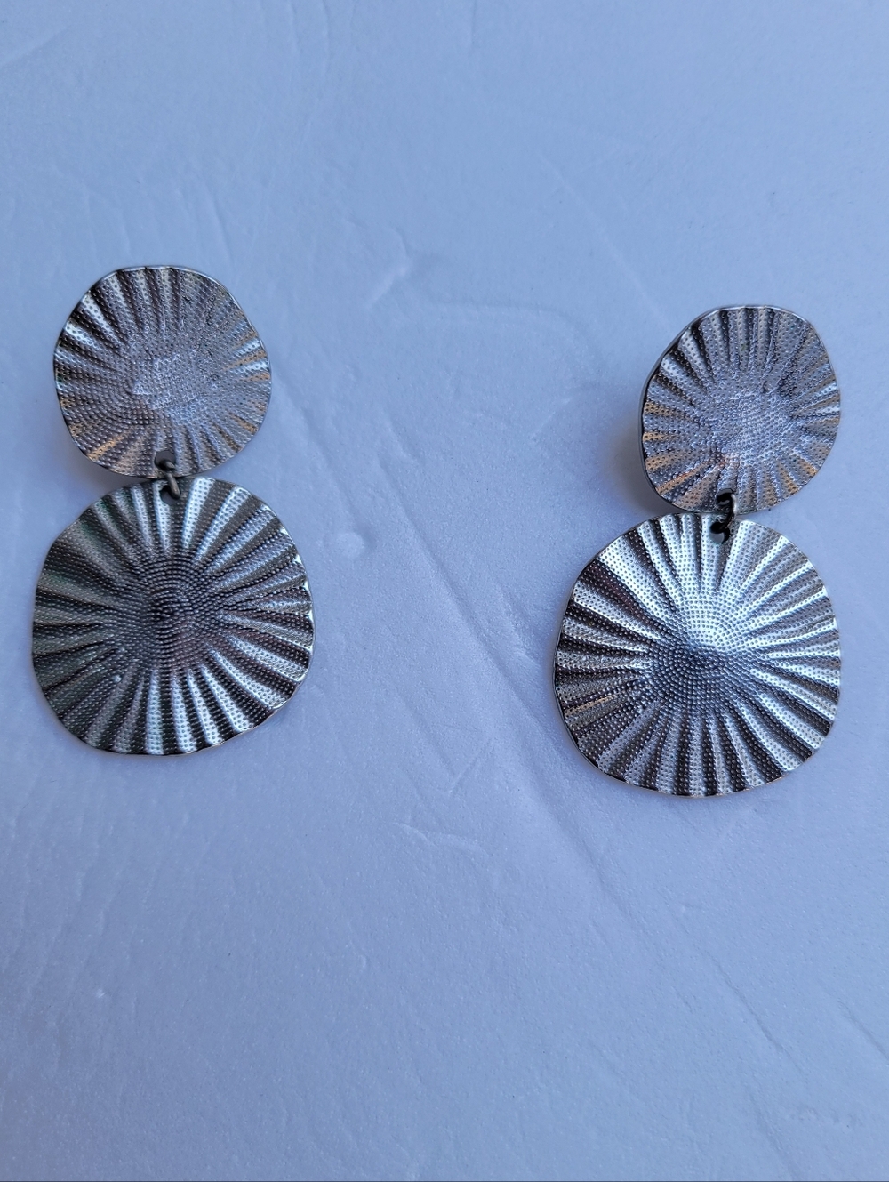 Textured Silver Double Disk Drop Earrings - Women Jewelry